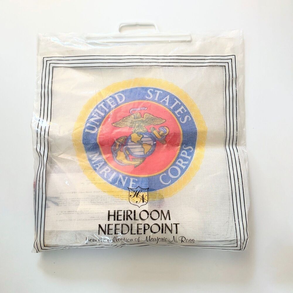 Vintage US Marine Corps Needlepoint Kit 14x14 Heirloom Wool Yarn Military NOS